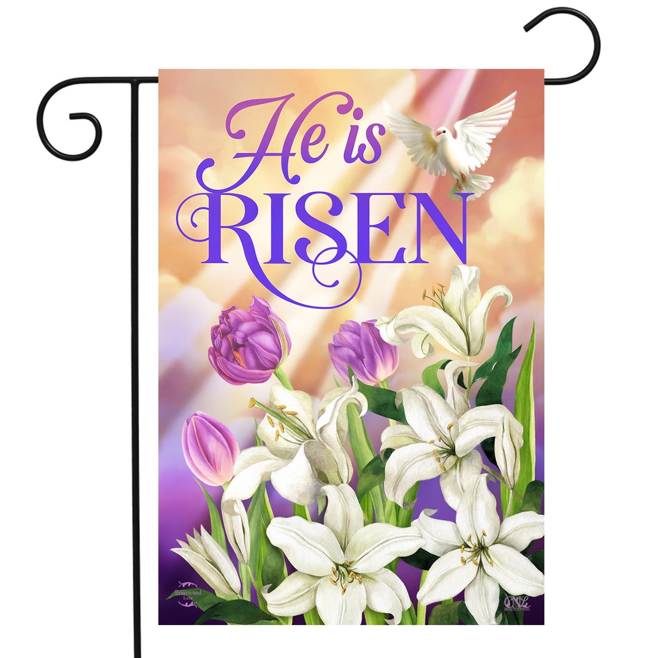 He Is Risen Easter Garden Flag with Lilies and Dove