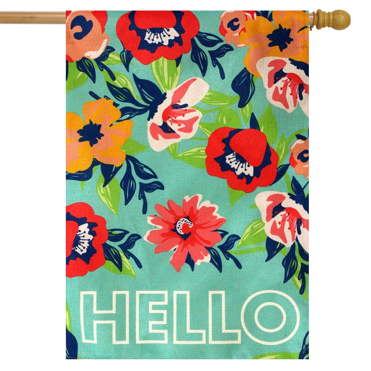 Hello Floral Spring Burlap House Flag with Colorful Flowers