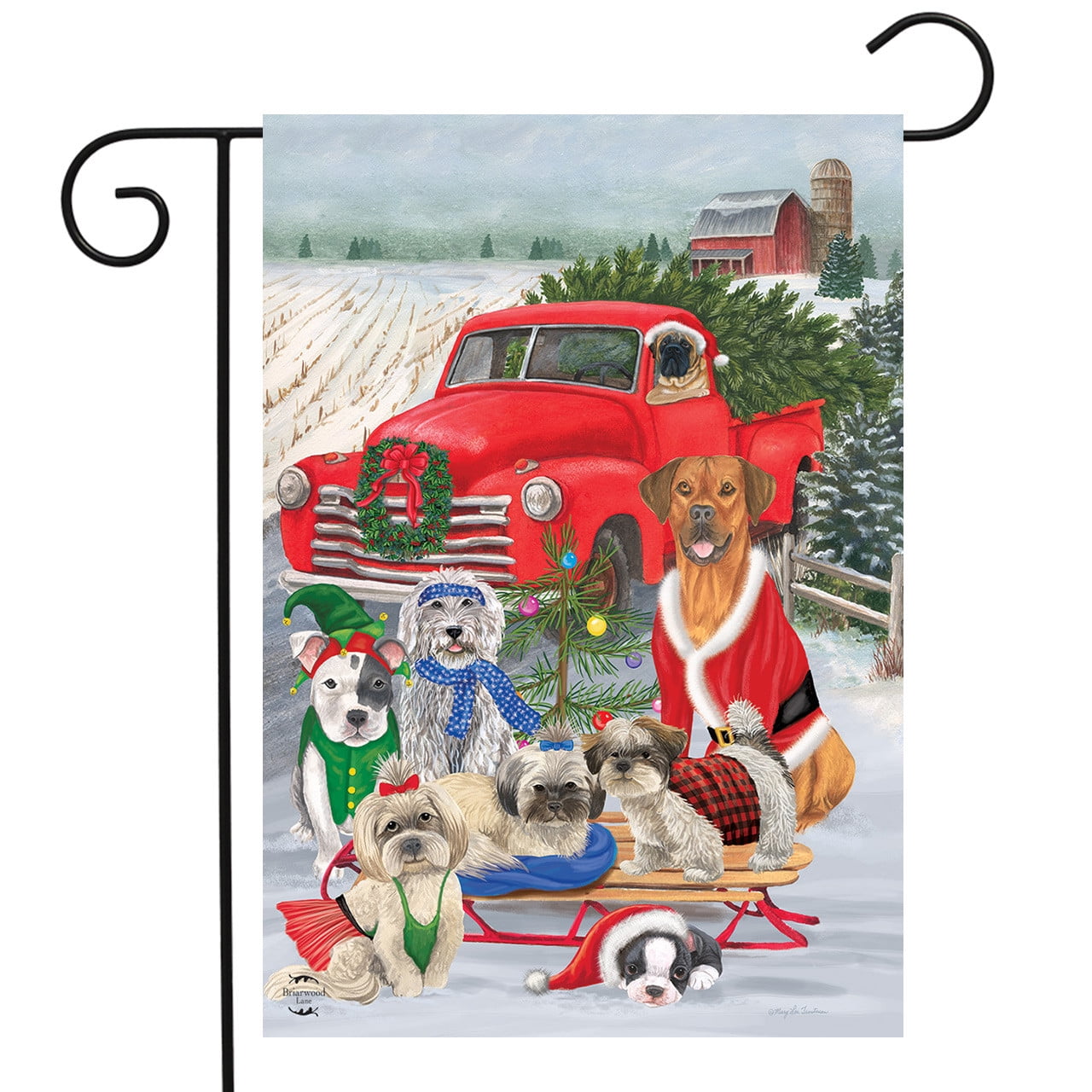 Holiday Dogs Christmas Garden Flag with Red Truck and Tree 12.5" x 18"