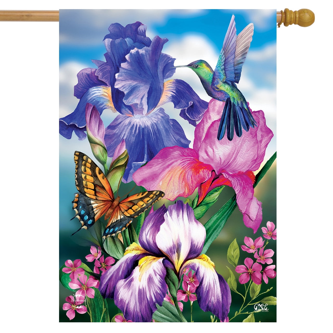 Spring Garden Flag with Hummingbird and Irises, 28 x 40 Polyester