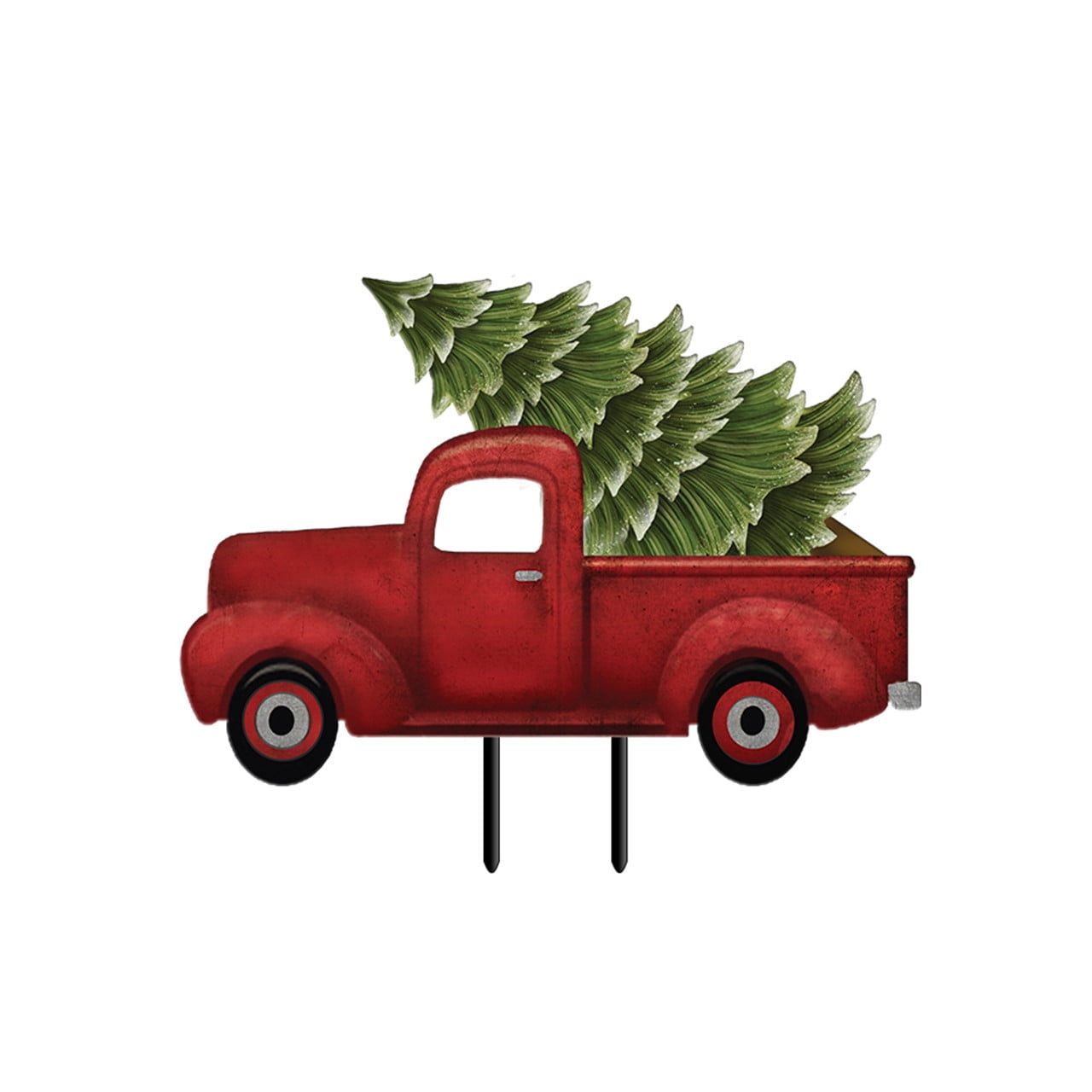 Handcrafted Red Metal Pickup Truck with Christmas Tree Yard Art