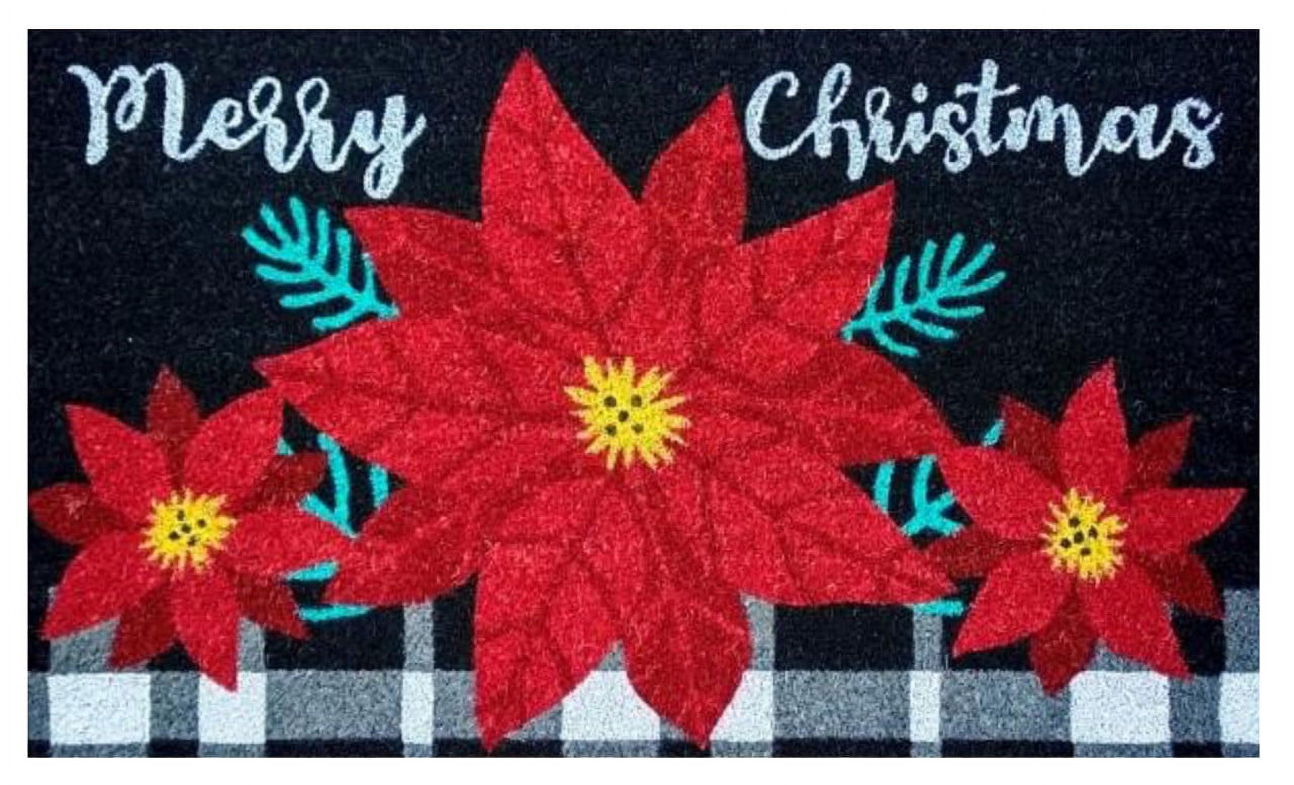 Merry Christmas Poinsettia Coir Doormat with Rubber Backing