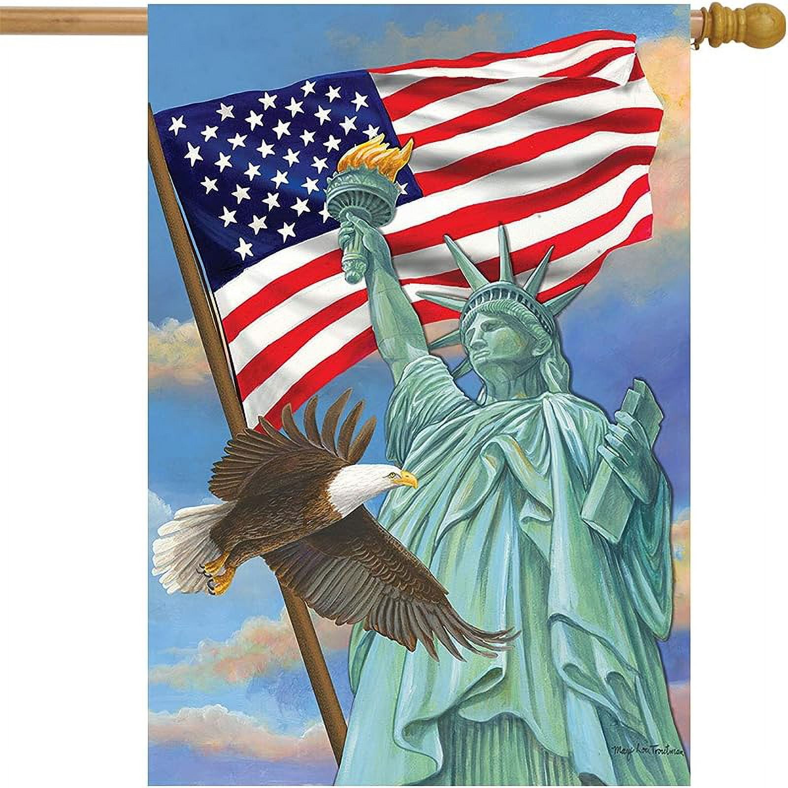 Symbols of Freedom Patriotic House Flag with Statue of Liberty and Eagle