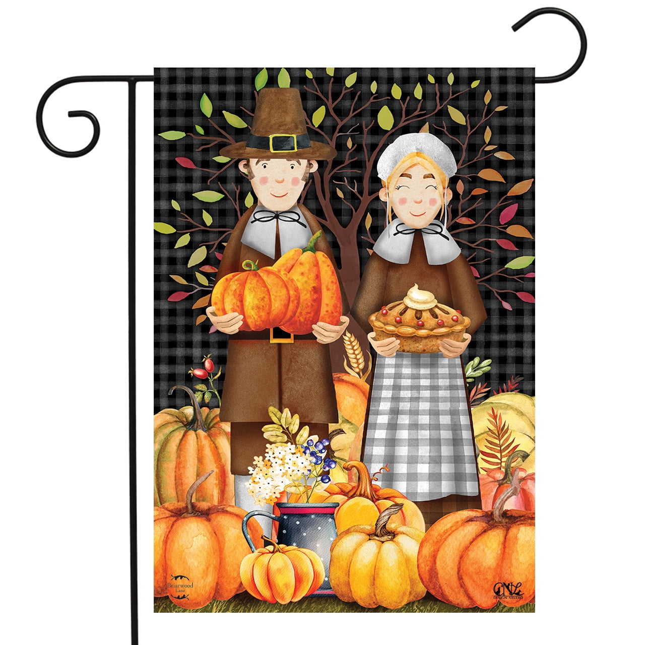 Pilgrims Thanksgiving Garden Flag with Pumpkins and Pie