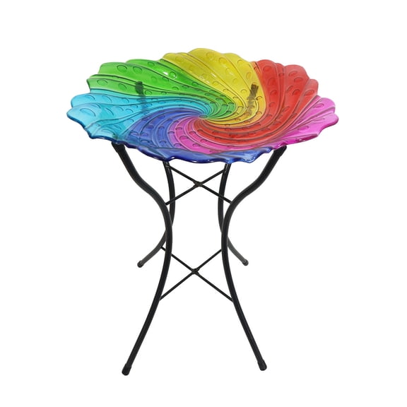 Briarwood Lane Spring Glass Rainbow Swirl Bird Bath Including Metal Stand For Spring Birdbath
