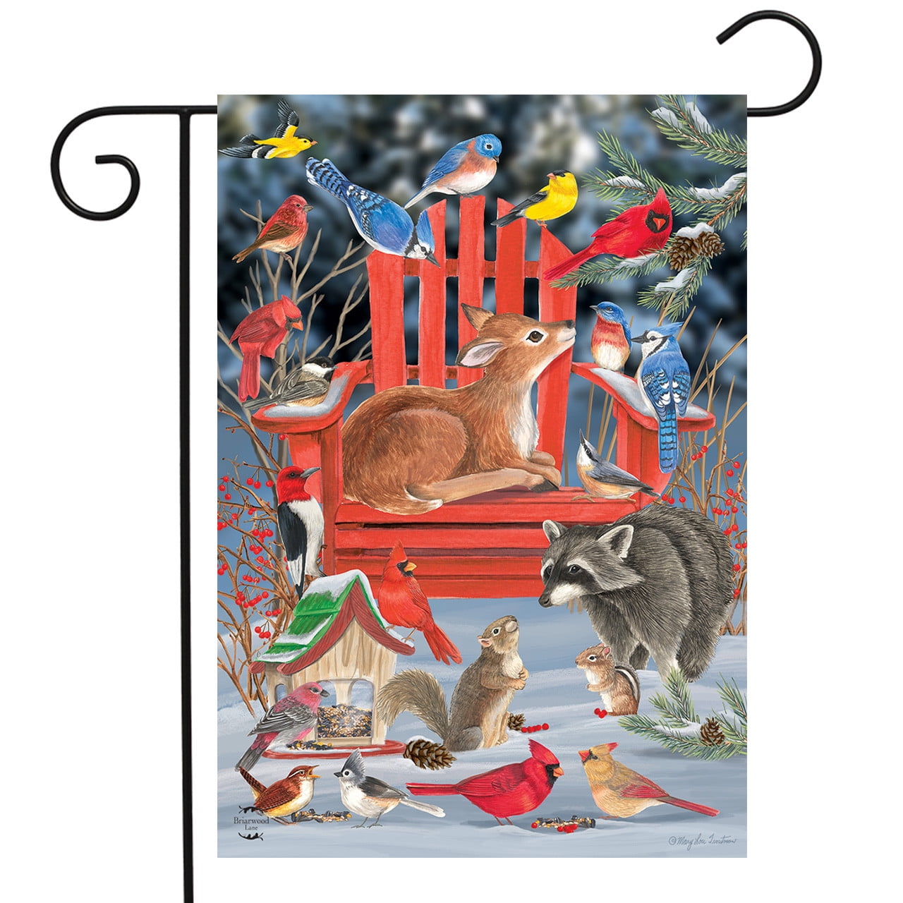 Snow Day Gathering Winter Garden Flag with Fawn and Birds