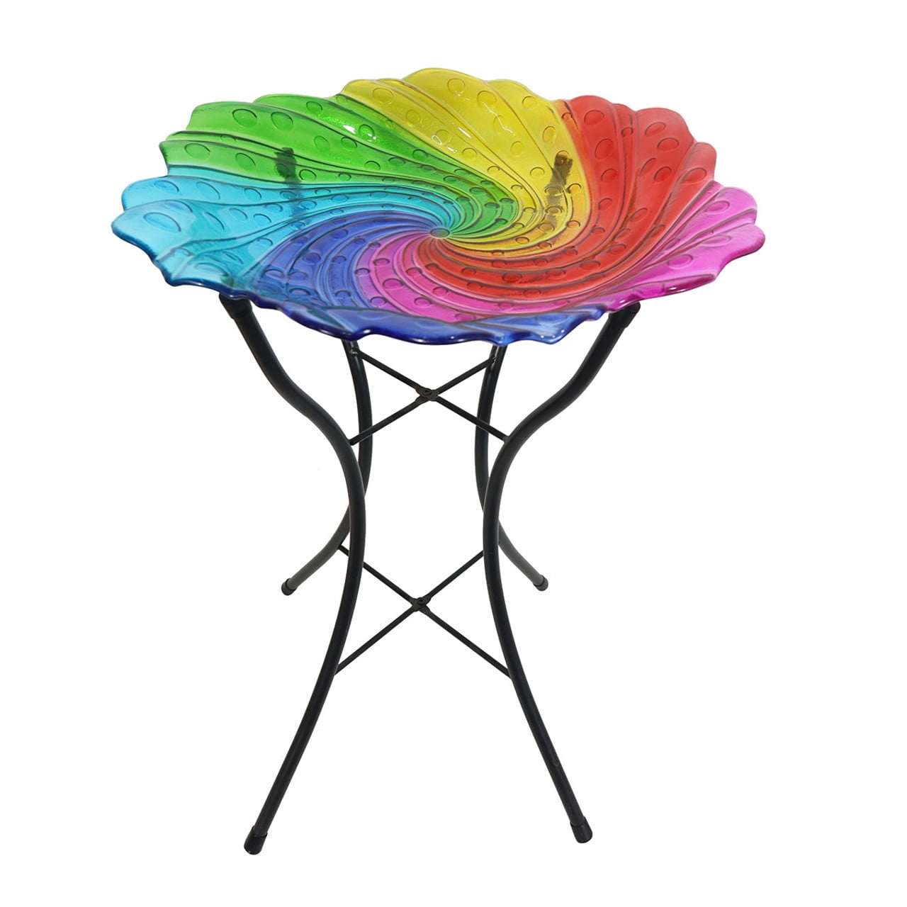 Rainbow Swirl Multicolor Glass Bird Bath with Metal Stand