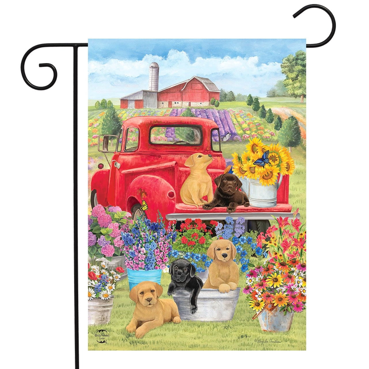 Spring Day Puppies Garden Flag with Red Truck and Flowers