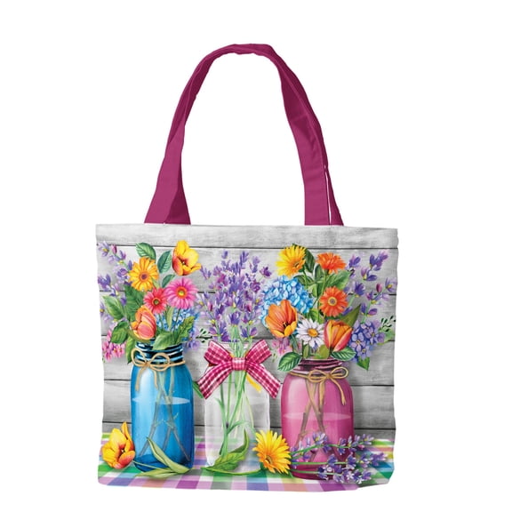 Briarwood Lane Spring Tote Bag 15" x 14" x 7" Spring Floral Jars Rustic Canvas For Spring Tote