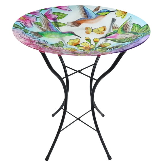 Briarwood Lane Spring Glass Birdbath Including Metal Stand Springtime Hummingbirds For Spring Birdbath