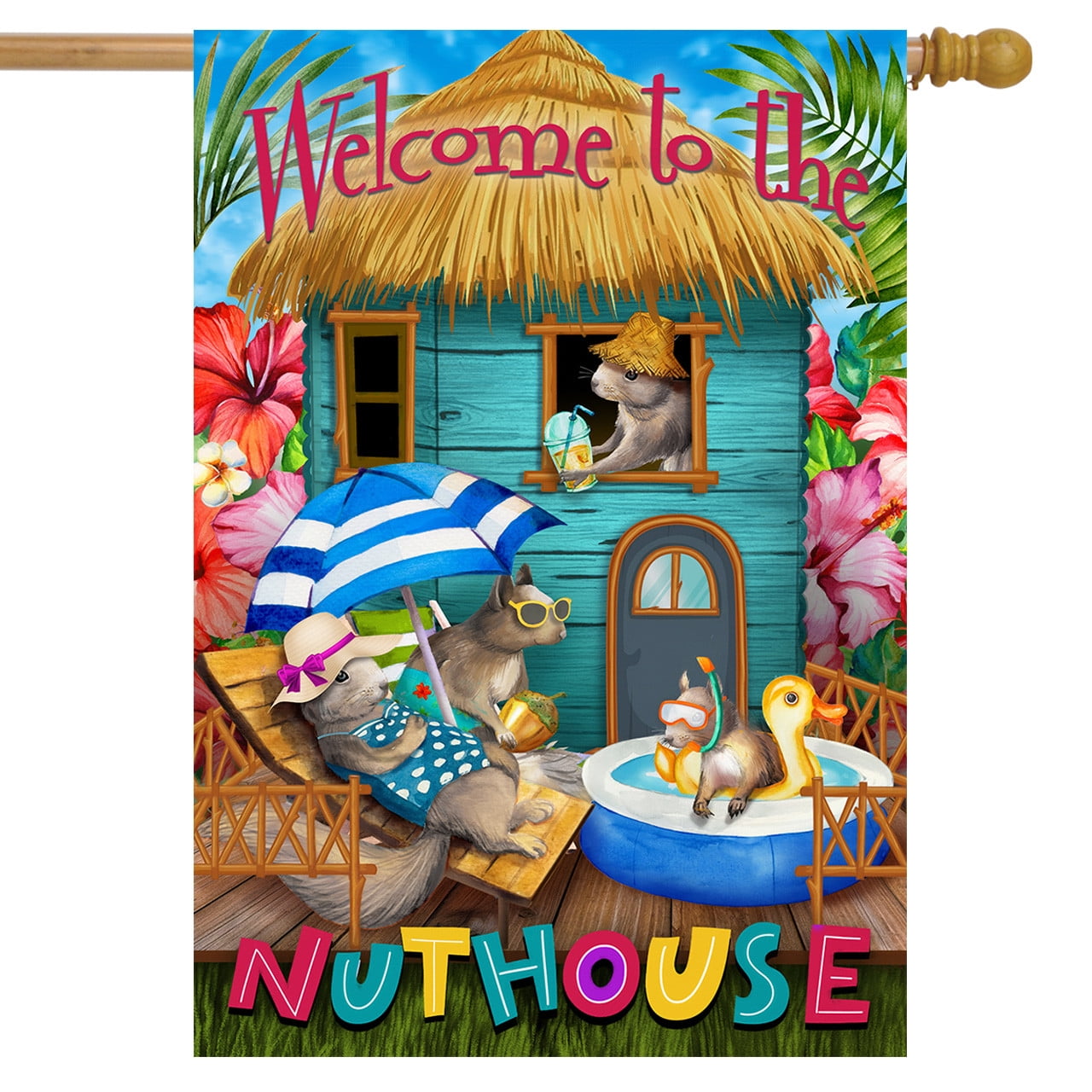 Summer Nuthouse Humor House Flag with Colorful Squirrels