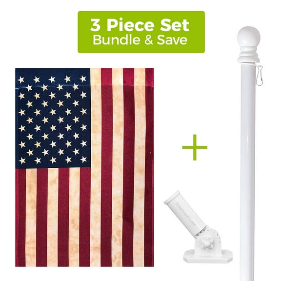 Briarwood Lane Tea Stained American House Flag + White Metal Flag Pole + Adjustable Bracket Set