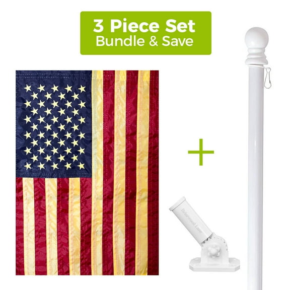 Briarwood Lane Tea Stained Embroidered American House Flag, White Metal Flag Pole & Bracket Set