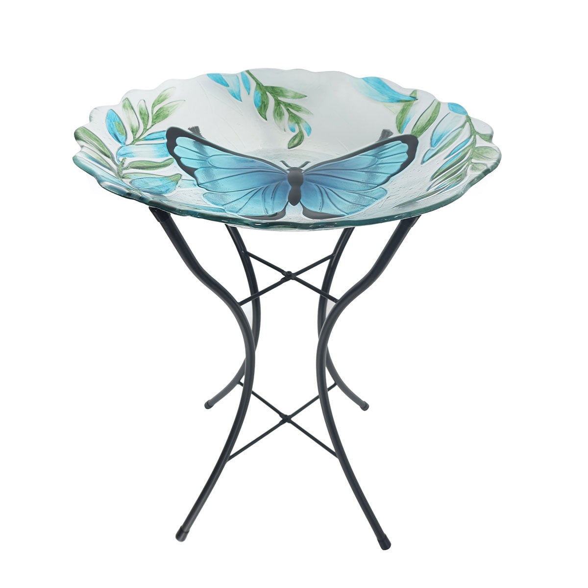 Briarwood Lane Everyday Glass Birdbath Including Metal Stand Blue Butterfly Birdbath