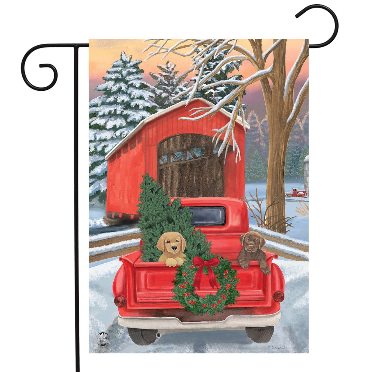 Winter Puppy Pickup Red Truck Christmas Garden Flag