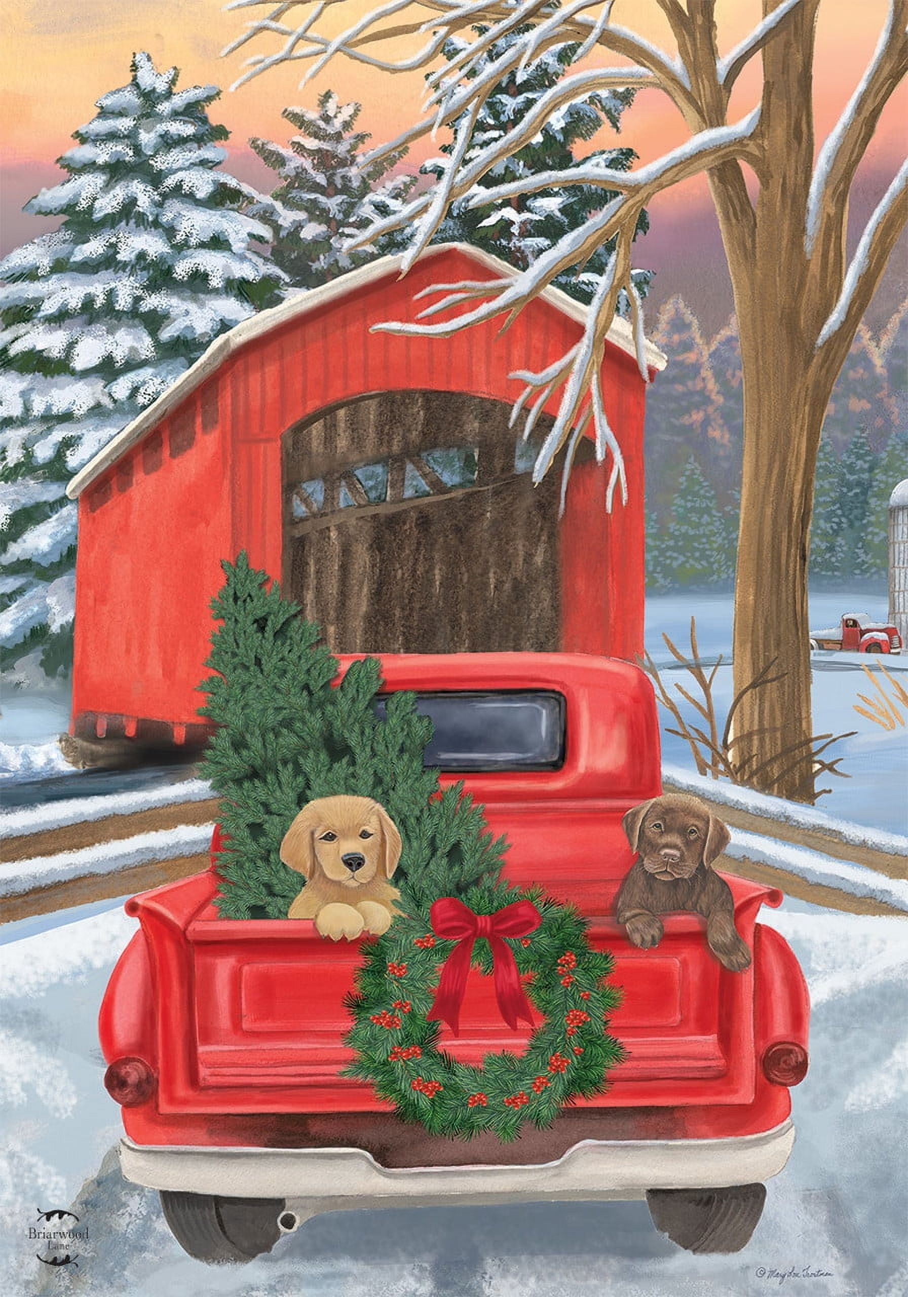 Winter Puppy Pickup Red Truck Christmas Garden Flag