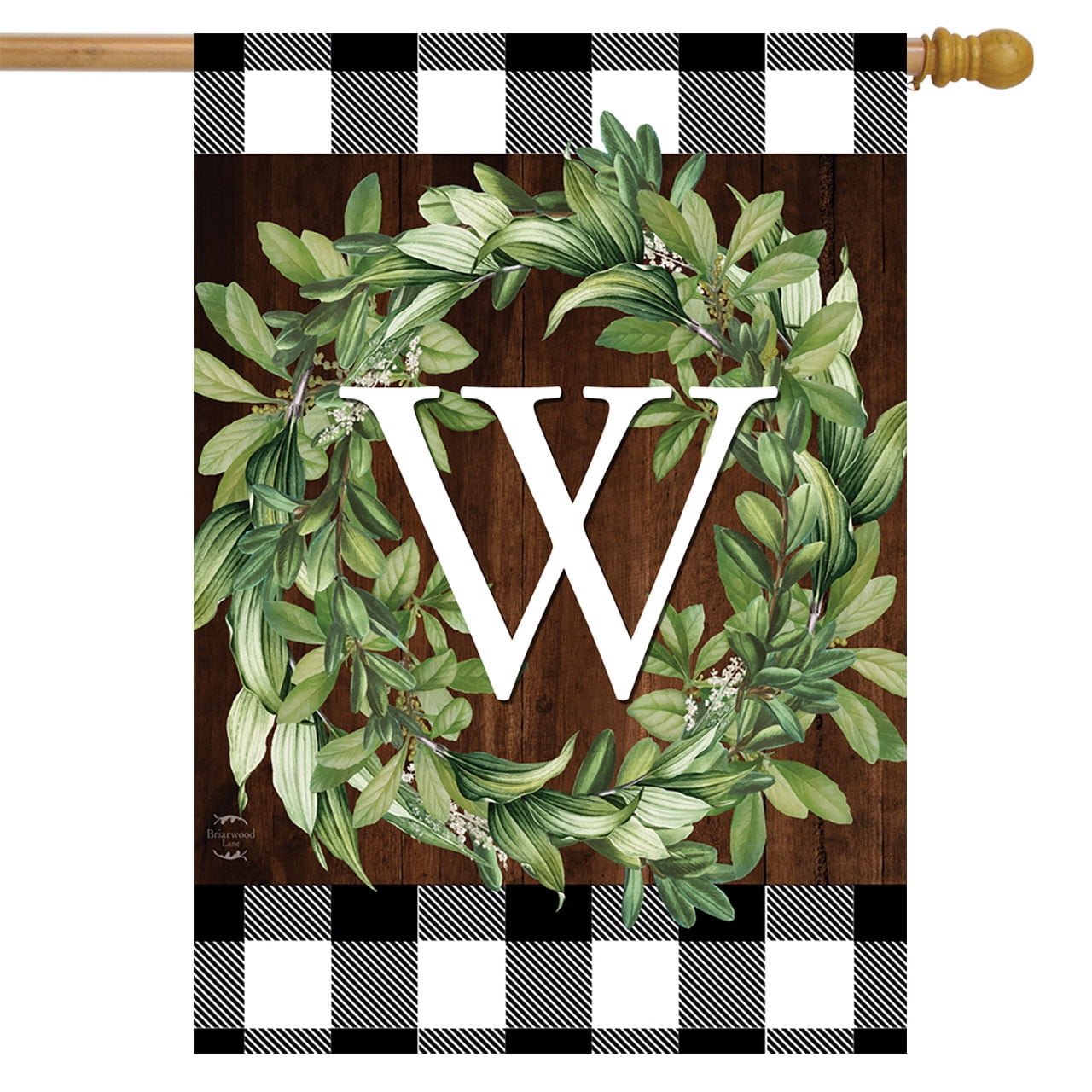 Wreath Monogram W Double-Sided Outdoor Flag with Greenery Design
