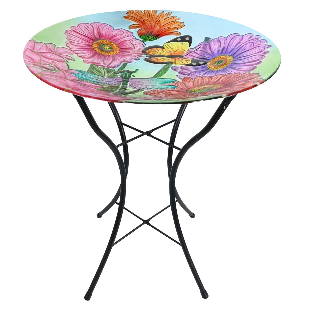 Briarwood Lane Spring Glass Birdbath Including Metal Stand Zinnias in Bloom For Spring Birdbath
