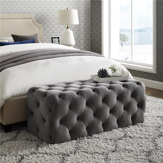 Posh Living Brice Modern Button-Tufted Linen Fabric Bench in Light Gray