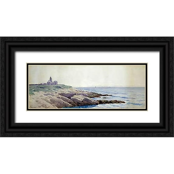 Bricher, Alfred Thompson 14x8 Black Ornate Wood Framed with Double Matting Museum Art Print Titled - Coastal Landscape with Lighthouse