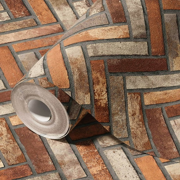 Brick And Stone Textured Wallpaper, Brwon Embossed Wallcovering Roll: 41.7”W x 614”H- 177.80 sq ft