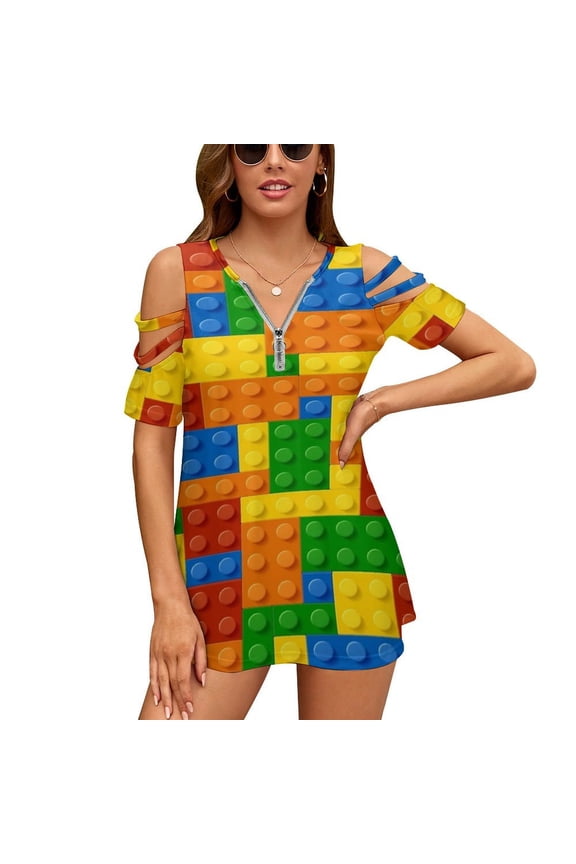 Brick Art Womens Summer V Neck Zipper Top Short Sleeve T Shirt Off Shoulder Top Casual Classy Loose Shirts