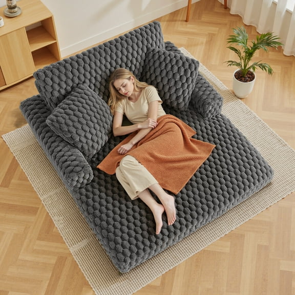 Brick Attic 53W" Sofa Bed, Oversized Corduroy Reclining Floor Sofa Bed, Wide Seat Sofa Couch with 2 Pillows, Adult Cozy Sleeper Sofa for Living Room Bedroom, Gray