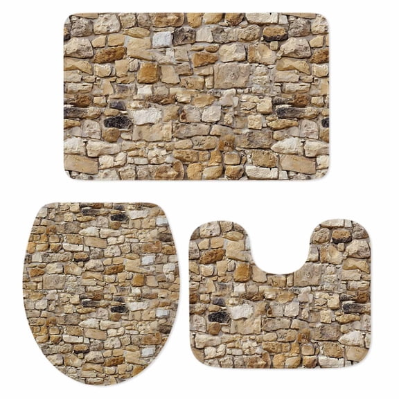 Brick Bathroom Rugs Set Abstract Multi Colored Brick Wall Photo Non Slip Absorbent Soft Bath Mats 3 Piece Set with Bathroom Rug, U-Shaped Floor Mat, Toilet Seat Cover Small Size