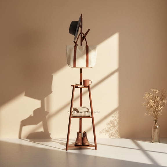 Brick Brown Bamboo Tree Coat Hanger Stand | Wooden Clothes Rack with 2 Storage Shelves & 6 Hooks | Multi-Purpose Coat Tree Stand for Coats, Scarves, Handbags, Bedroom & Living Room 16x14x70inch