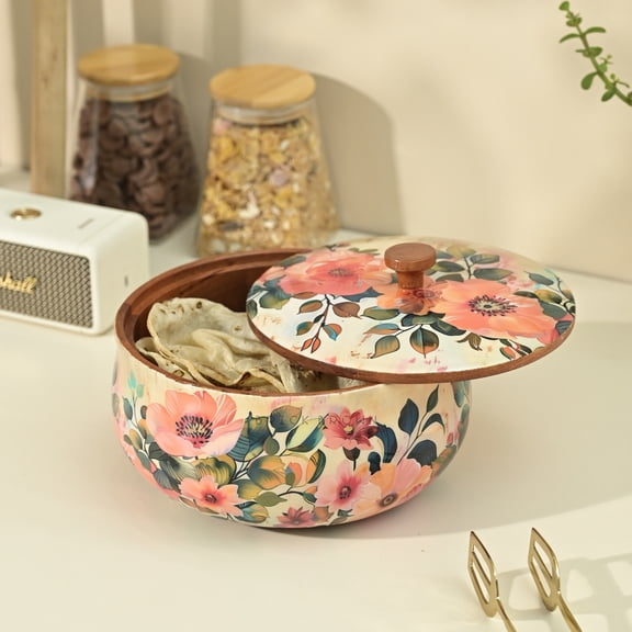 Brick Brown Handcrafted Enamel Coated Wooden Pastel Flora Roti Box | Chapati Box for Kitchen | Hot Pot Casserole for Roti Server Tableware Serving | Case Roti Dabba with Lid (8.5 8.5 5.5 Inch)