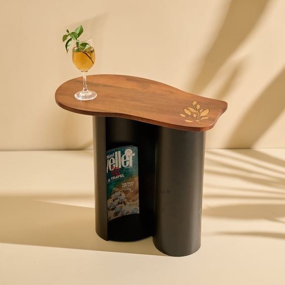 Brick Brown Handcrafted Folio Accent Table with Golden Leaf Inlay & Magazine Holder | Side Table for Living Room Bedroom |Home Decor Coffee Table | Bedside Table and End Table