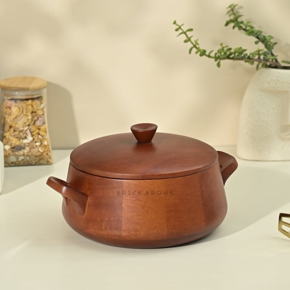 Brick Brown Handcrafted Wooden Handi Roti Box Mahogany Finish | Chapati Box for Kitchen | Hot Pot Casserole for Roti Server Tableware Serving | Case Roti Dabba with Lid (10.7 8.8 5.6 In)