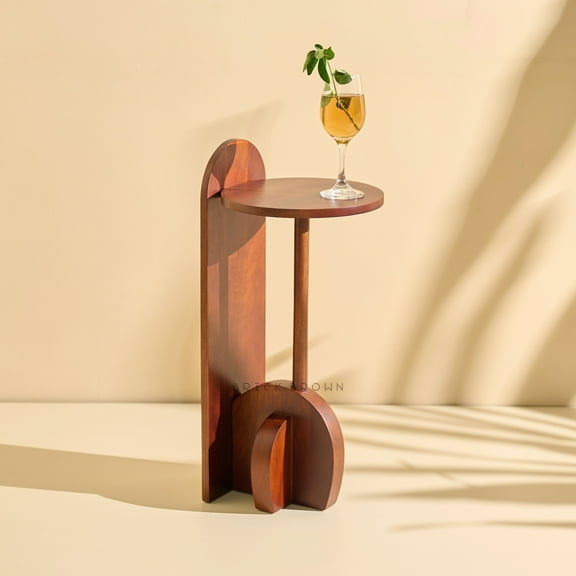 Brick Brown Monar Wooden Drink Table | Handcrafted Accent Side Table for Living Room Bedroom | Geometric Design with Curves & Arches |Coffee Table | Bedside Table and End Table (10.4 x 11 x 24 in)