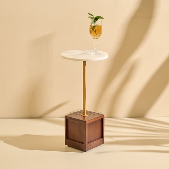 Brick Brown Premium Handcrafted Marmora Drink Table with Marble Top | Wine & Accent Side Table | Small Display Table for Living Room, Bedroom & Patio