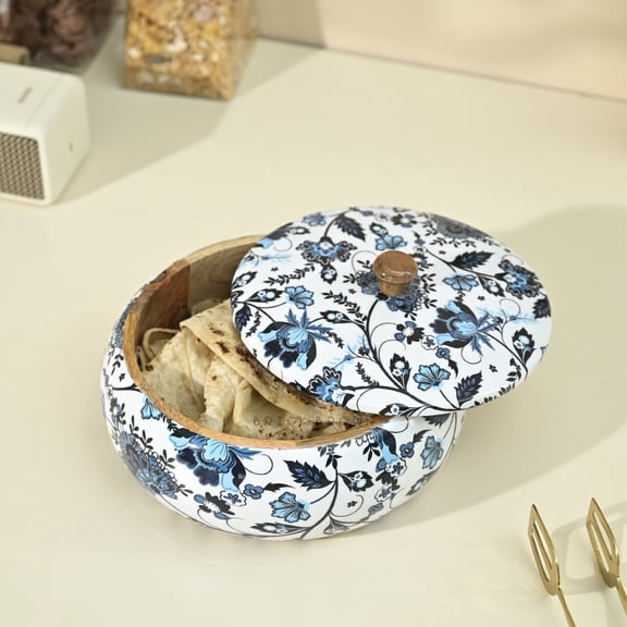 Brick Brown Premium Handcrafted Solid Wood Floral Print Roti Casserole for Kitchen | Round Hot Pot, Roti Dabba with Lid | Casserole for Dining, 8.75x8.75x4.75Inch, 1640 ML