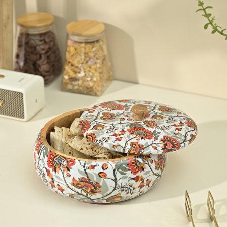 Brick Brown Premium Handcrafted Solid Wood Marigold Roti Casserole For Kitchen | Round Hot Pot, Roti Dabba With Lid | Casserole For Dining, 1640Ml(8.75X8.75X4.75Inch)