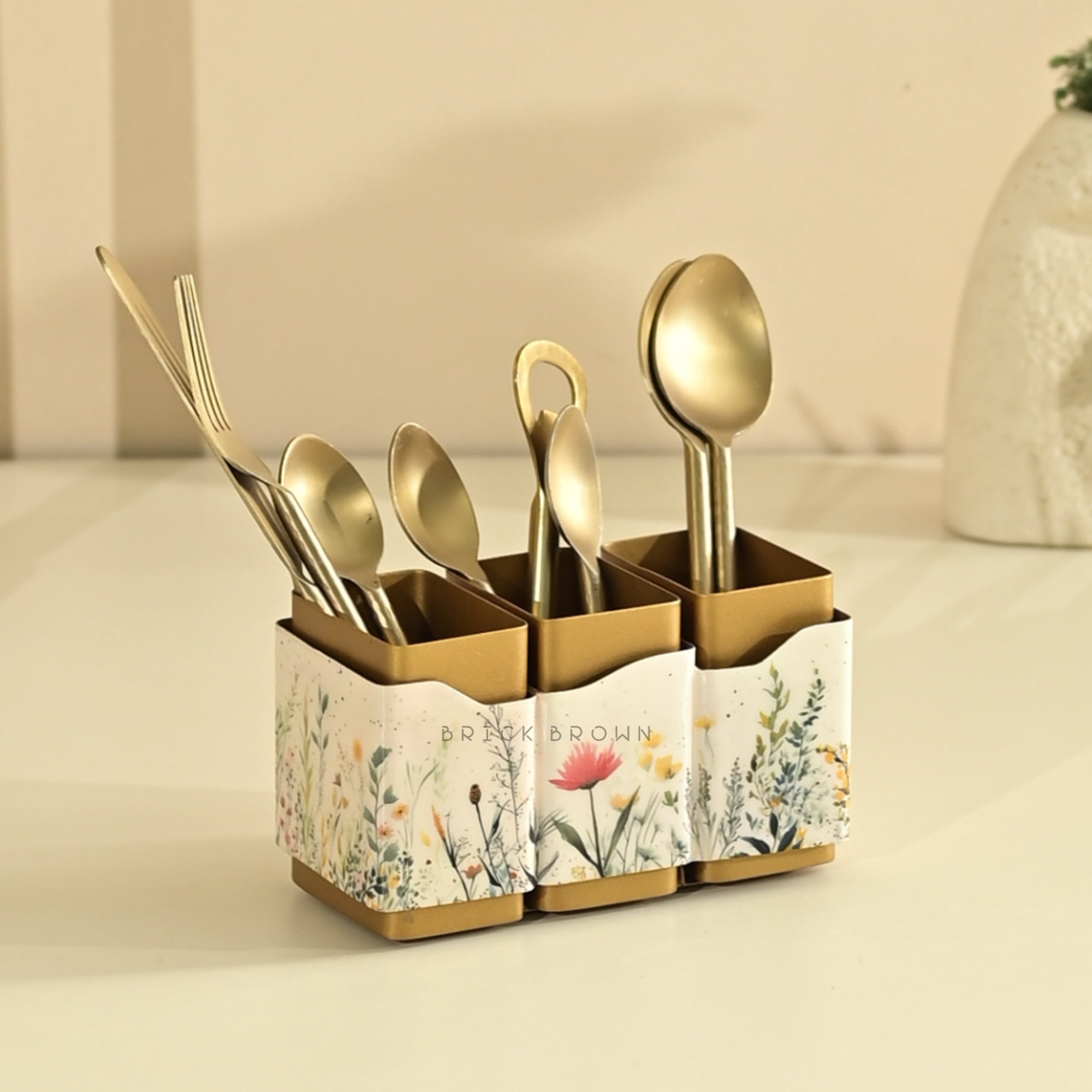 Brick Brown® Premium Metal Triflora Cutlery Holder – Spoon Stand for Kitchen | Spoon Holder for Dining Table | Wooden Caddy Storage Organizer | Stand Caddy Holder for Kitchen Utensils (6.3x8x9.5in)