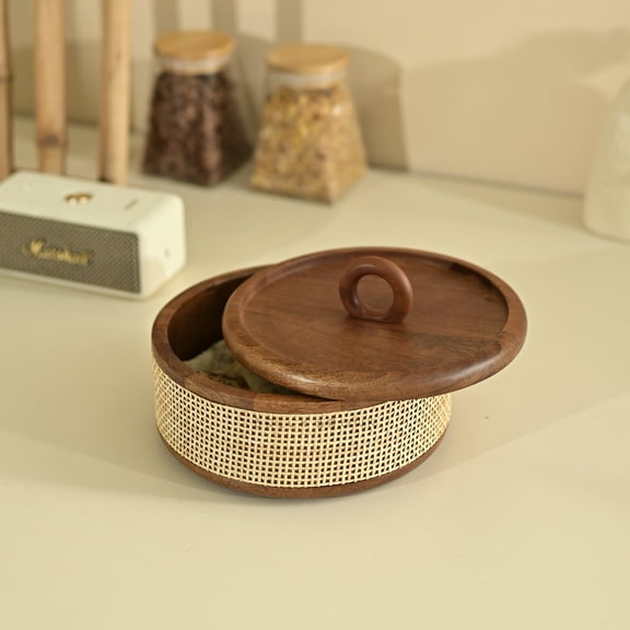 Brick Brown Tresso Wooden Roti Box with Cane Weave | Chapati Box for Kitchen | Roti Casserole Hot Pot with Lid | Case Roti Dabba Server for Dining Table | Handmade Roti Container (8x8x5.2 in)