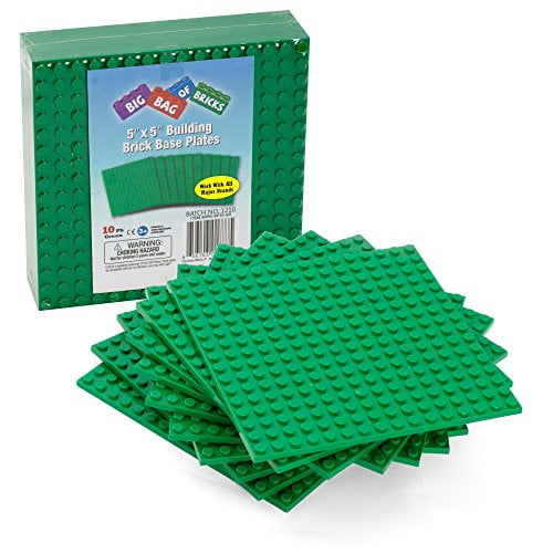 SCS Direct Brick Building Blocks Green Baseplates 5"x5" (10pcs) Dual Connectivity for Stacking- Compatible & Tight fit with All Major Building Blocks Brand - Great for Activity Tables, Gift for Kids