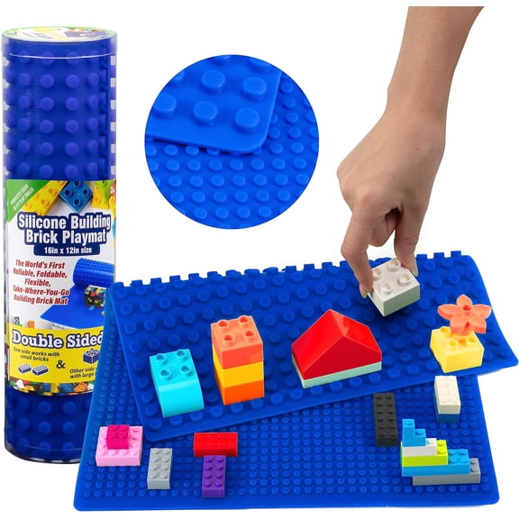 Brick Building Blocks Blue Silicone Playmat - 16" Rollable & Portable Two Sided Playmat for Activity Tables & STEM Learning - Compatible & Tight Fit w All Major Brands - Gift for Kids