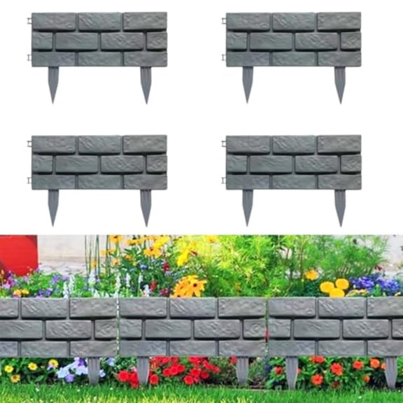 Brick Effect Garden FenceFlower Bed Border Detachable Splicing Garden Fence Simulation Bricks Fencing Panels Garden Edging Decoration 4 Pieces Grey.