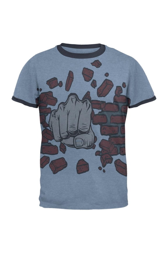 Brick Fist All Over Heather Blue-Navy Men's Ringer T-Shirt - Small