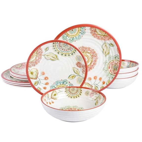 Brick Floral Ripple Dinnerware Set - Red - 12 Pieces - Chip Resistant