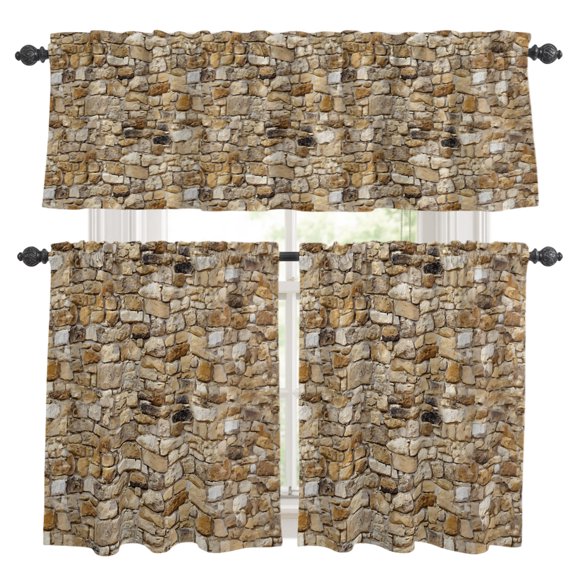 Brick Kitchen Curtains Set for Windows, Abstract Multi Colored Brick Wall Photo Curtains Valance and Tier 3 Piece Set Small Drapes 36 Inch Length for Kitchen Bedroom Decor