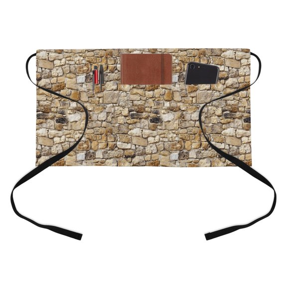 Brick Kitchen Restaurant Half Waist Apron, Abstract Multi Colored Brick Wall Photo Server Short Apron with 3 Pockets Waterproof Oil Waist Aprons for Women Waitress Waiter