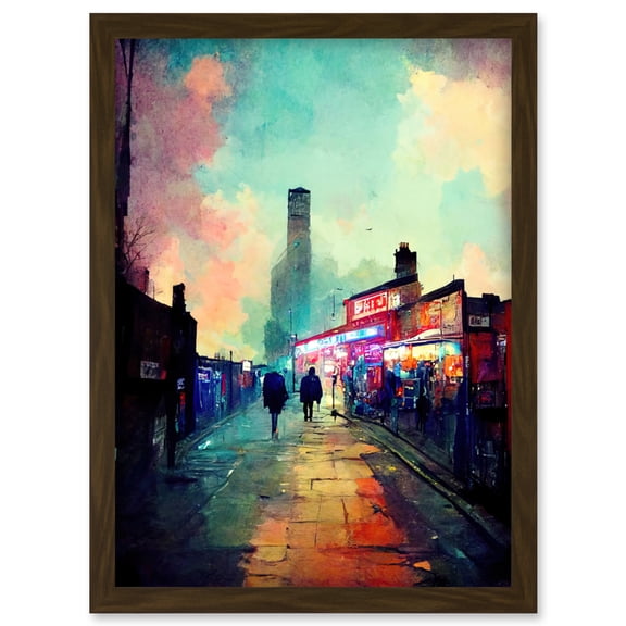 Brick Lane London 1960's Night Street Scene Oil Painting Artwork Framed Wall Art Print A4