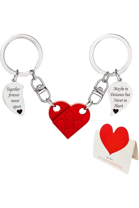 Brick Matching Couple Heart Keychains with Heart Anniversary Card, Heart Keychain Set Valentine's Day Christmas Birthday Stuff Gifts for Couple Boyfriend, Girlfriend, Him, Her, Lovers, Best Friends