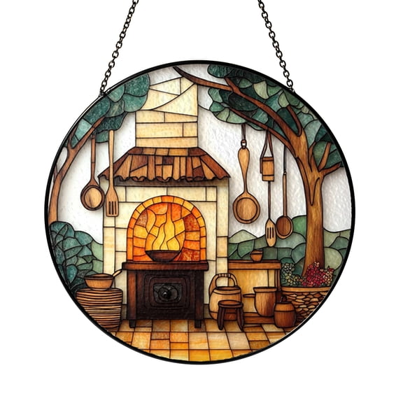 Brick Oven Cooking Scene Stained Glass Style Suncatcher Window Hanging Art Panel, Rustic Kitchen Window Decor with Pots and Utensils for Home Decoration, Cooking Theme Ornament Gift for Food Lovers