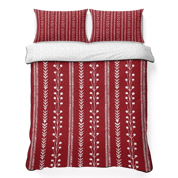 Brick Red 3 Piece Quilt Bedding Set with 2 Pillow Shams, Rustic Vertical Dashed Lines Shabby Chic Leaf Cottagecore Lightweight Bedspread Coverlet, Soft Breathable All Season Quilt, 96 x 106 Inch