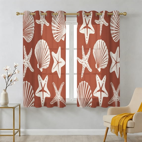 Brick Red Coastal Sheer Curtains 54 Inch Long 2 Panels, Starfish Shell ...